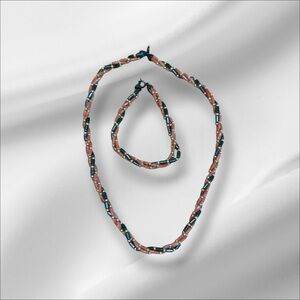 Beaded necklace and Bracelet set - coral, gray, and gold beads.